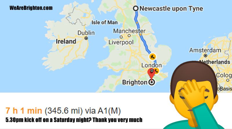 Sky Sports are sending Brighton fans on a 650 mile round trip to Newcastle United for a Saturday evening kick off
