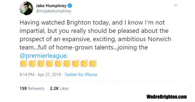 Norwich City fan Jake Humphrey tweeted that Norwich would be a breath of fresh air in the Premier League compared to Brighton
