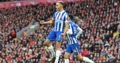 Leandro Trossard celebrates scoring for Brighton in their 2-2 draw with Liverpool