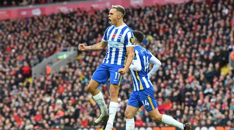 Leandro Trossard celebrates scoring for Brighton in their 2-2 draw with Liverpool