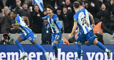 Brighton players celebrate Kaoru Mitoma scoring the winning goal against Liverpool in their 2-1 FA Cup win