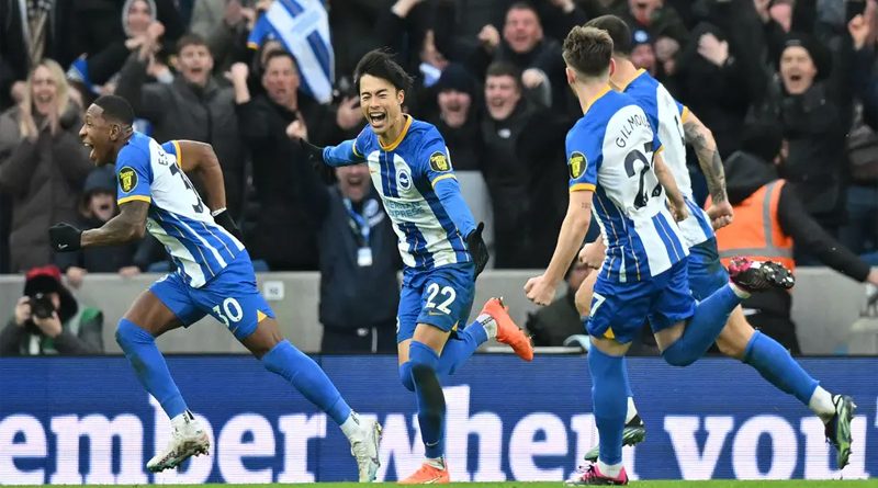 Brighton players celebrate Kaoru Mitoma scoring the winning goal against Liverpool in their 2-1 FA Cup win