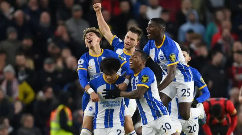 Brighton celebrate the last minute winner from Kaoru Mitoma in their 1-0 win over Bournemouth
