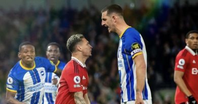 Lewis Dunk and Antony square up during Brighton and against Manchester United