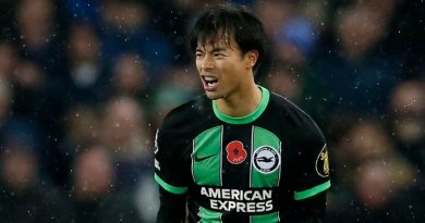 Kaoru Mitoma celebrates creating the own goal which earned Brighton a 1-1 draw at Everton