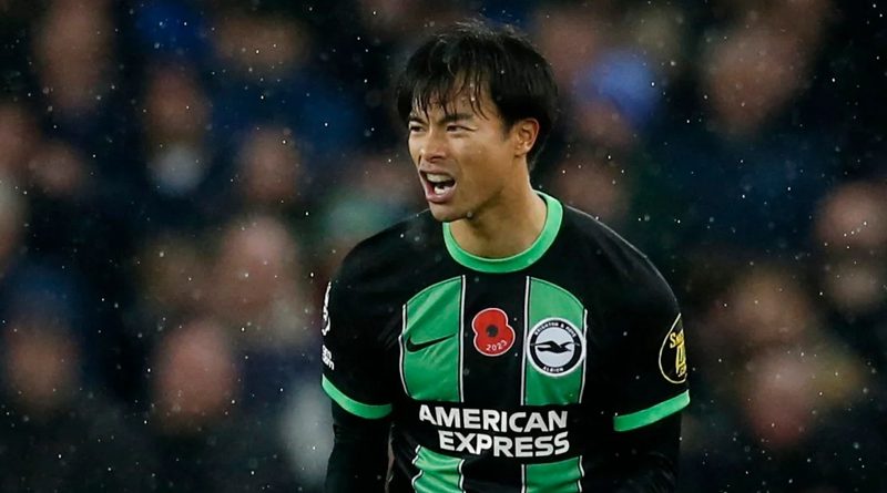 Kaoru Mitoma celebrates creating the own goal which earned Brighton a 1-1 draw at Everton
