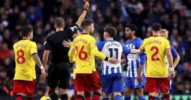Mahmoud Dahoud is shown a red card as Brighton draw 1-1 at home to Sheffield United