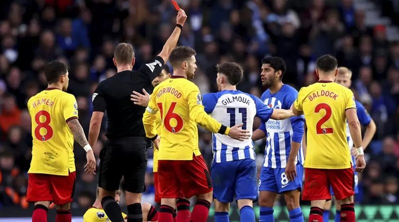 Mahmoud Dahoud is shown a red card as Brighton draw 1-1 at home to Sheffield United