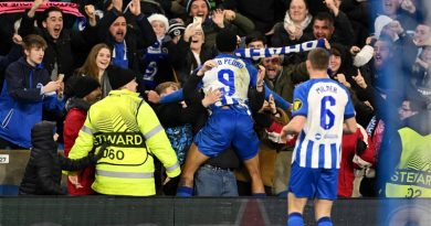 Joao Pedro celebrates scoring for Brighton in the 1-0 win over Marseille