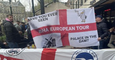 Brighton fans mock Crystal Palace with a flag saying Have You Ever Seen the Palace in the Dam