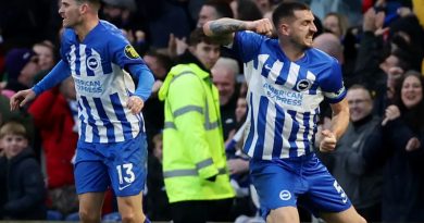 Lewis Dunk celebrates a last minute equaliser as Brighton draw 1-1 at home to Everton