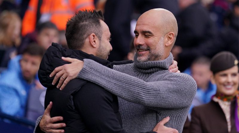 Brighton head coach Roberto De Zerbi and Manchester City manager Pep Guardiola