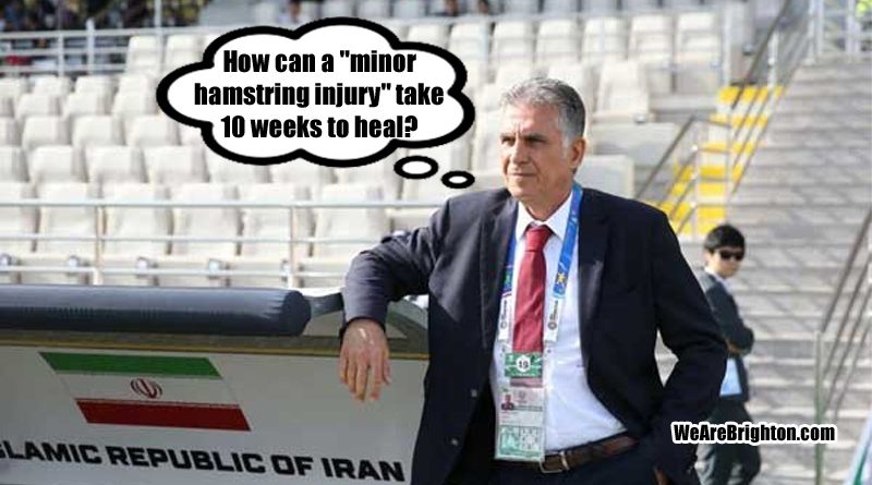 Iran's Alireza Jahanbakhsh remains injured 10 weeks after picking up a minor hamstring injury for Brighton against Everton