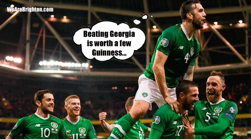 Shane Duffy celebrates Ireland beating Georgia 1-0 at the Aviva Stadium