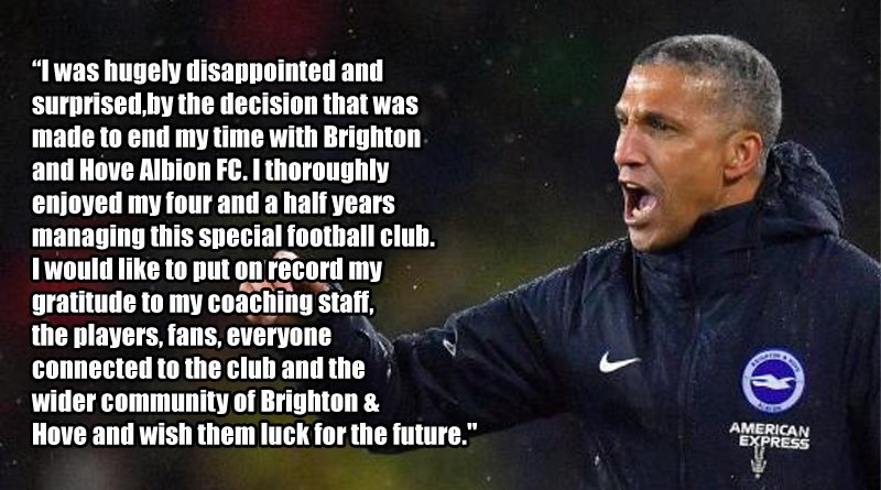 Chris Hughton has said he was "hugely disappointed and surprised" to be sacked by Brighton in a statement released through the League Managers Association