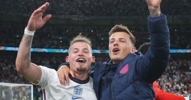 Brighton defender Ben White celebrates making the final of the European Championship 2020 with England teammate Kalvin Phillips