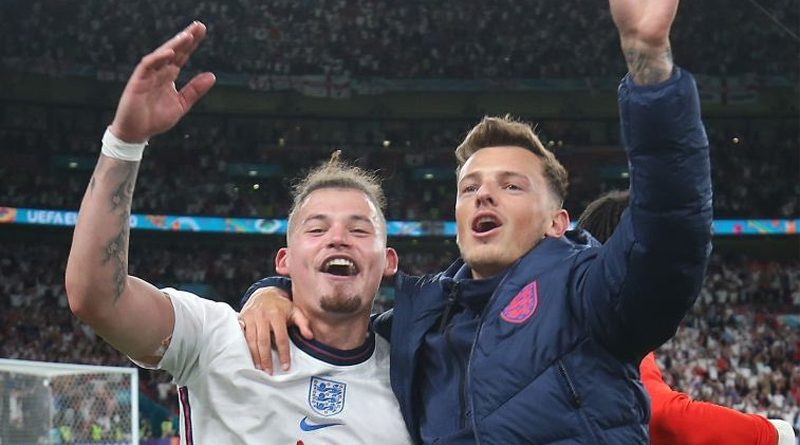 Brighton defender Ben White celebrates making the final of the European Championship 2020 with England teammate Kalvin Phillips