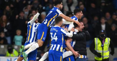 Brighton celebrate Adam Webster scoring in their 1-1 draw with European Champions Chelsea