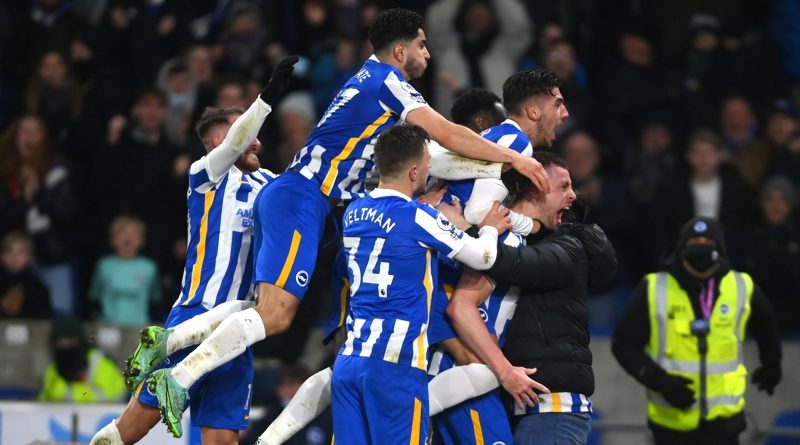 Brighton celebrate Adam Webster scoring in their 1-1 draw with European Champions Chelsea