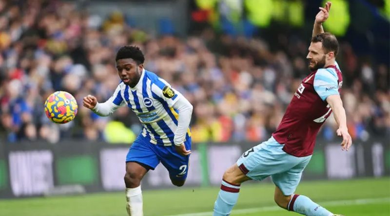 Tariq Lamptey takes on a Burnley player as Brighton suffered a 3-0 defeat at the Amex