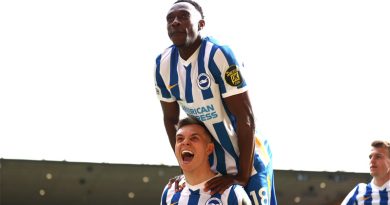 Leandro Trossard and Danny Welbeck celebrate a Brighton goal as the Albion win 3-0 at Wolves
