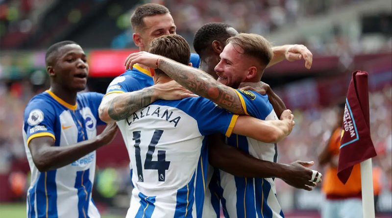Brighton players celebrate their 2-0 win away at West Ham United
