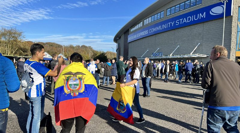 Football fans from Ecuador at the Amex Stadium watching Brighton in the Premier League