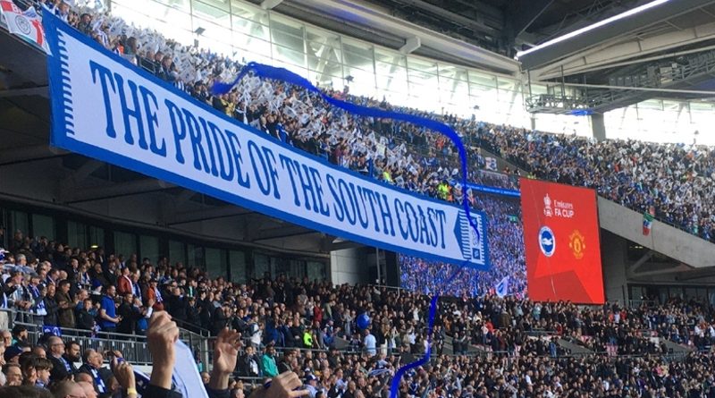 Brighton Pride of the South Coast banner at Wembley for the FA Cup semi final against Manchester United