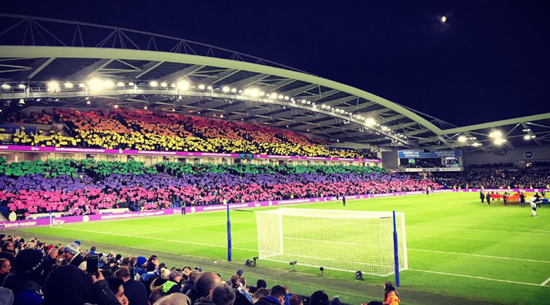 The Amex Stadium with a rainbow flag display to celebrate LGBTQ+ community and diversity