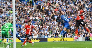 Solly March heads in the opening goal of the 2023-24 Premier Leaguye season for Brighton against Luton Town