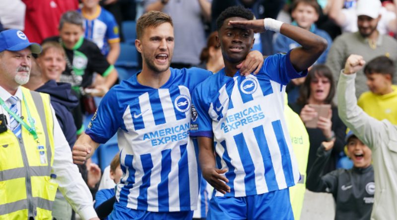 Joel Veltman and Simon Adingra celebrate a Brighton goal against Luton Town