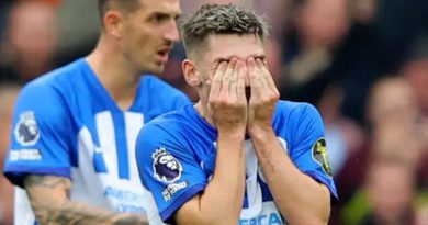 Billy Gilmour cannot believe it as Brighton are beaten 6-1 at Aston Villa