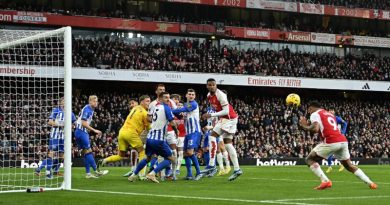Gabriel Jesus heads the opening goal for Arsenal in their 2-0 win over Brighton