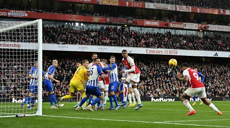 Gabriel Jesus heads the opening goal for Arsenal in their 2-0 win over Brighton