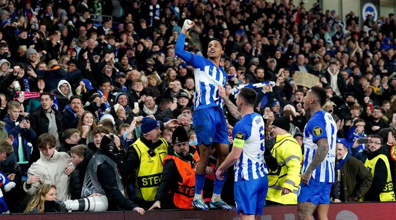 Joao Pedro celebrates scoring for Brighton against Marseille