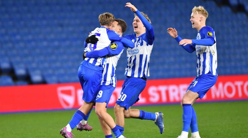 Brighton Under 21s celebrate beating Reading on penalties in the EFL Trophy