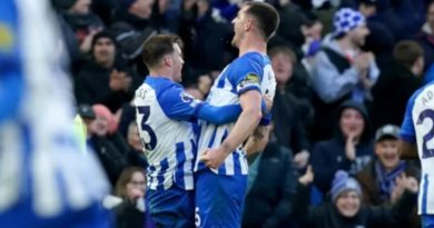Lewis Dunk and Pascal Gross celebrate a late equaliser in Brighton 1-1 Everton