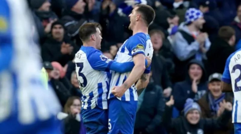 Lewis Dunk and Pascal Gross celebrate a late equaliser in Brighton 1-1 Everton